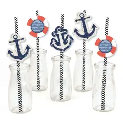 Big Dot of Happiness Ahoy - Nautical Paper Straw Decor - Baby Shower or Birthday Party Striped Decorative Straws - Set of 24
