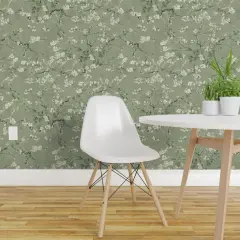 Peel & Stick Wallpaper 2FT Wide Impressionist Spring Bloom Sage Green Floral Botanical Nature Leaf Delicate Custom Removable Wallpaper by Spoonflower