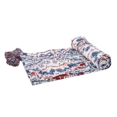 Taarush Red & Blue Grunge Pattern w/ Tassels Cotton Soft Cozy Accent Accent Throw Blanket