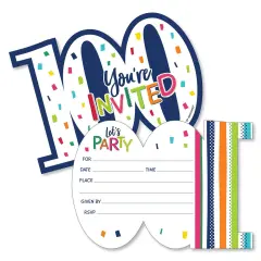 Big Dot of Happiness 100th Birthday - Cheerful Happy Birthday - Shaped Fill-In Invite - One Hundredth Birthday Invites Cards with Envelopes -Set of 12