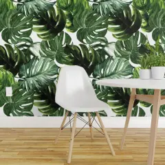 Peel & Stick Wallpaper 2FT Wide Large Scale Monstera Leaves Tropical Rainforest Jungle Green Leaf Custom Removable Wallpaper by Spoonflower