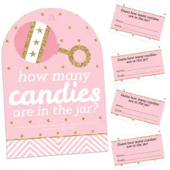 Big Dot of Happiness Hello Little One - Pink and Gold - How Many Candies Girl Baby Shower Game - 1 Stand and 40 Cards - Candy Guessing Game