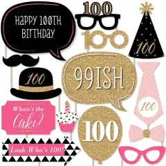 Big Dot of Happiness Chic 100th Birthday - Pink, Black and Gold - Birthday Party Photo Booth Props Kit - 20 Count