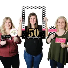 Big Dot of Happiness Chic 50th Birthday - Pink, Black and Gold - Birthday Party Selfie Photo Booth Picture Frame & Props - Printed on Sturdy Material