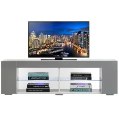 White Entertainment TV Stand with LED Lights and Glass Shelves with UV Frame