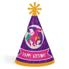 Big Dot of Happiness Roar Dinosaur Girl - Cone Happy Birthday Party Hats for Kids and Adults - Set of 8 (Standard Size)