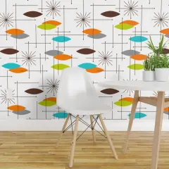 Pre-Pasted Wallpaper 2FT Wide Mid Century Modern, Orbs, Large Scale, Starburst, Atomic, Mcm, Retro, Space Age, Brown, Burnt Orange, Blue, Lime Green Custom Pre-pasted Wallpaper by Spoonflower