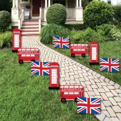Big Dot of Happiness Cheerio, London - Flag, Double-Decker Bus & Red Telephone Booth Lawn Decor - Outdoor British UK Party Yard Decorations - 10 Piece