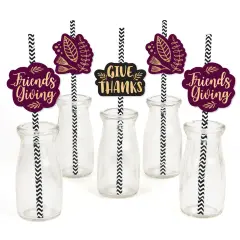 Big Dot of Happiness Elegant Thankful for Friends - Paper Straw Decor - Friendsgiving Thanksgiving Party Striped Decorative Straws - Set of 24