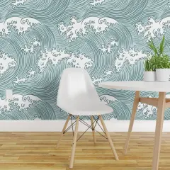 Pre-Pasted Wallpaper 2FT Wide Rolling Waves Vintage Asian Chinese Japan Japanese Water Line Summer Doodle Home Decor Sea Ocean Wave Custom Pre-pasted Wallpaper by Spoonflower