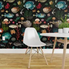 Pre-Pasted Wallpaper 2FT Wide Black Nautical Sea Life Vintage Style Ocean Fish Coastal Tropical Custom Pre-pasted Wallpaper by Spoonflower