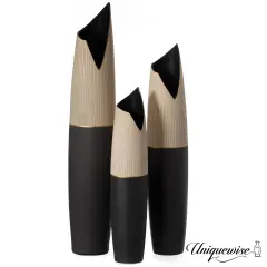  Freestanding Ceramic Floor Vase - Handcrafted Beige Polka Dot Striped Top and Black Bottom, Large Waterproof Vase for Tall Floral Arrangements, Unique Shaped Flower Holder