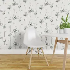 Pre-Pasted Wallpaper 2FT Wide Line Floral Black White Stripe Flowers Vines Modern Abstract Custom Pre-pasted Wallpaper by Spoonflower