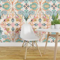 Peel & Stick Wallpaper 2FT Wide Spring Small Print Painted Bohemian Diamond Boho Doodle Pastels Modern Custom Removable Wallpaper by Spoonflower