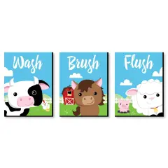 Big Dot of Happiness Farm Animals - Barnyard Kids Bathroom Rules Wall Art - 7.5 x 10 inches - Set of 3 Signs - Wash, Brush, Flush