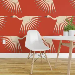 Pre-Pasted Wallpaper 2FT Wide 1920S Art Deco Swan Crane Bird Flock Migrate Fly Sunburst Fan Animal Air Formation Flight Orange Red Gray Cream Vermilion Long Neck Wings Custom Pre-pasted Wallpaper by Spoonflower