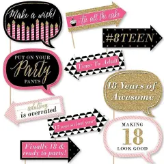 Big Dot of Happiness Funny Chic 18th Birthday - Pink, Black and Gold - 18th Birthday Party Photo Booth Props Kit - 10 Piece