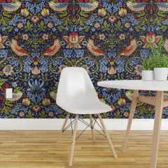Pre-Pasted Wallpaper 2FT Wide Strawberry Bright Blue Medium Bird Floral Damask Custom Pre-pasted Wallpaper by Spoonflower