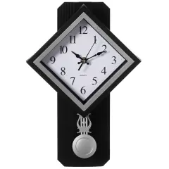 Wood-Look Pendulum Plastic Wall Clock, Vintage Farmhouse Decor for Living Room, Kitchen, or Dining Room, Silent Clock, Battery Powered, Large Decorative Wall Clock, Easy-to-Read Black