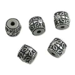 John Bead Antique Stainless Steel Beads - Barrel with Flower, 12 x 12 mm, Pkg of 5