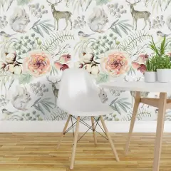 Pre-Pasted Wallpaper 2FT Wide Winter Woodland White Floral Elegant Deer Forest Rabbit Snow Custom Pre-pasted Wallpaper by Spoonflower