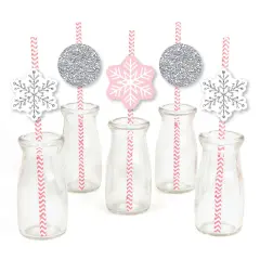 Big Dot of Happiness Pink Winter Wonderland - Paper Straw Decor - Holiday Snowflake Birthday Party or Baby Shower Striped Decorative Straws -Set of 24