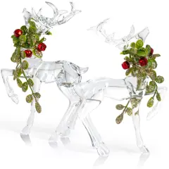 Ornativity Acrylic Christmas Reindeer Ornaments - Holiday Clear Party Deer Figurine Statues with Green Mistletoe and Red Berries Dinner Tabletop Decorations Centerpiece - Pack of 2