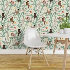 Pre-Pasted Wallpaper 2FT Wide Boho Women Floral Trees Turquoise Botanical Naked Feminist Nudes Health Diversity Gardens Body Climbing Vines Garden Of Eden Custom Pre-pasted Wallpaper by Spoonflower