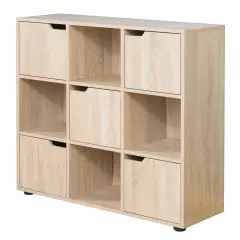 9 Cube Wooden Organizer With 5 Enclosed Doors and 4 Shelves Oak