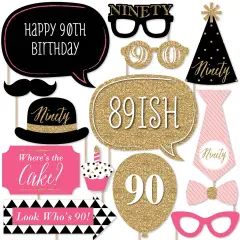 Big Dot of Happiness Chic 90th Birthday - Pink, Black and Gold - Birthday Party Photo Booth Props Kit - 20 Count