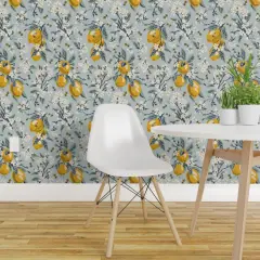 Pre-Pasted Wallpaper 2FT Wide Lemons And Honeybees Modern Farmhouse Citrus Grove Pollinators Bees Mustard Yellow White Aqua Blue Custom Pre-pasted Wallpaper by Spoonflower