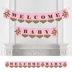 Big Dot of Happiness Pink Monkey Girl - Baby Shower Bunting Banner - Pink Party Decorations - Welcome Baby