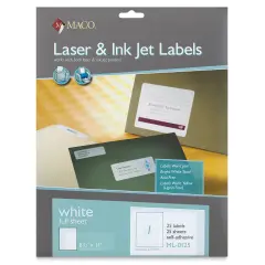 Maco Laser/Ink Jet White Multi-Purpose Labels - Full Sheet Label, Pkg of 25 Sheets