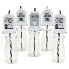 Big Dot of Happiness Graveyard Tombstones - Paper Straw Decor - Halloween Party Striped Decorative Straws - Set of 24
