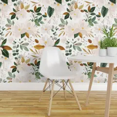 Peel & Stick Wallpaper 2FT Wide Romantic Magnolia Oversized Flowers Watercolor Modern Feminine Cream Green Bronze Custom Removable Wallpaper by Spoonflower