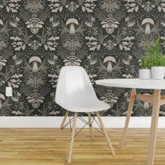 Peel & Stick Wallpaper 2FT Wide Neutral Woodland Dark Green Cream Beige Forest Damask Mushroom Gray Custom Removable Wallpaper by Spoonflower