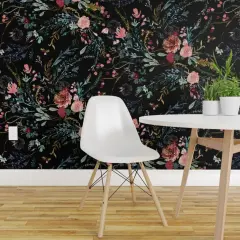 Peel & Stick Wallpaper 2FT Wide Botanical Faux Woven Texture Boho Floral Black And Pink Wild Flowers Bohemian Dark Custom Removable Wallpaper by Spoonflower
