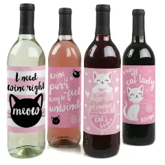 Big Dot of Happiness Purr-fect Kitty Cat - Kitten Meow Birthday Party Decorations for Women and Men - Wine Bottle Label Stickers - Set of 4