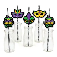 Big Dot of Happiness Colorful Mardi Gras Mask - Paper Straw Decor - Masquerade Party Striped Decorative Straws - Set of 24