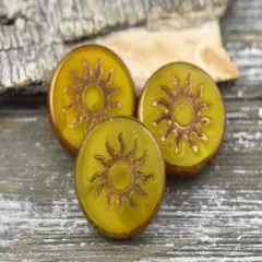 21mm Gold Washed Sunflower Yellow Opal Table Cut Sun Design Coin Beads - 2 Beads