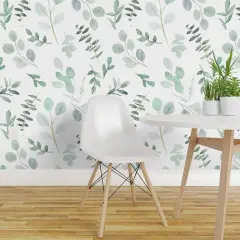 Pre-Pasted Wallpaper 2FT Wide Eucalyptus Leaves Foliage Mint Green Watercolor Botanical Blue Watercolour Greenery Aquarelle Cool Tones Seeded Eucalyptus Custom Pre-pasted Wallpaper by Spoonflower