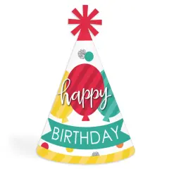 Big Dot of Happiness Colorful Happy Birthday - Cone Happy Birthday Party Hats for Kids and Adults - Set of 8 (Standard Size)