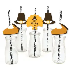Big Dot of Happiness Happy Turkey Day Paper Straw Decor - Thanksgiving Striped Decorative Straws - Set of 24