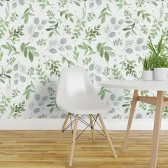 Pre-Pasted Wallpaper 2FT Wide Leaves Watercolor Botanical Greenery Soft Eucalyptus Larger Repeat Custom Pre-pasted Wallpaper by Spoonflower