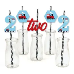 Big Dot of Happiness 2nd Birthday Railroad Party Crossing - Paper Straw Decor - Steam Train Second Birthday Party Striped Decorative Straws -Set of 24
