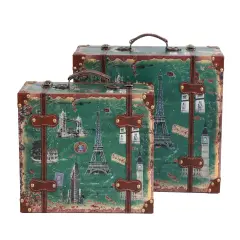 Set of 2 European Landmarks Vintage Wooden Luggage with Leather Straps and Handle