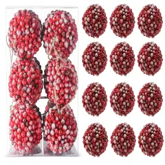 Ornativity Frosted Red Berries Ornaments - Glittered White Snowflakes on Realistic Red Cranberry Berries Ball Ornament with Rustic Twine String Christmas Tree Decoration Set - Pack of 12