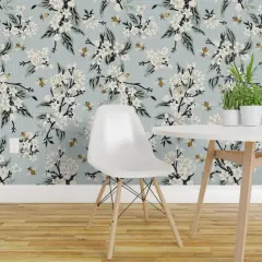 Pre-Pasted Wallpaper 2FT Wide Flowers On Blue White Floral Traditional Honeybee Farmhouse Faux Texture Citrus Custom Pre-pasted Wallpaper by Spoonflower