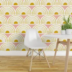 Pre-Pasted Wallpaper 2FT Wide Geometric Blush Gold Scallops Semicircles Art Deco Inspired Mustard Mod Custom Pre-pasted Wallpaper by Spoonflower