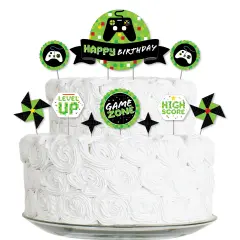 Big Dot of Happiness Game Zone - Pixel Video Game Birthday Party Cake Decorating Kit - Happy Birthday Cake Topper Set - 11 Pieces